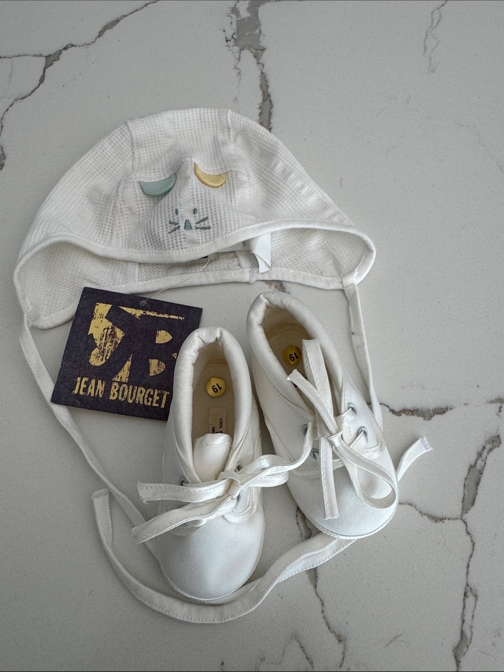 Jean Bourget White Baby Cotton Hat & Polyester Satin Lace-Up Shoes